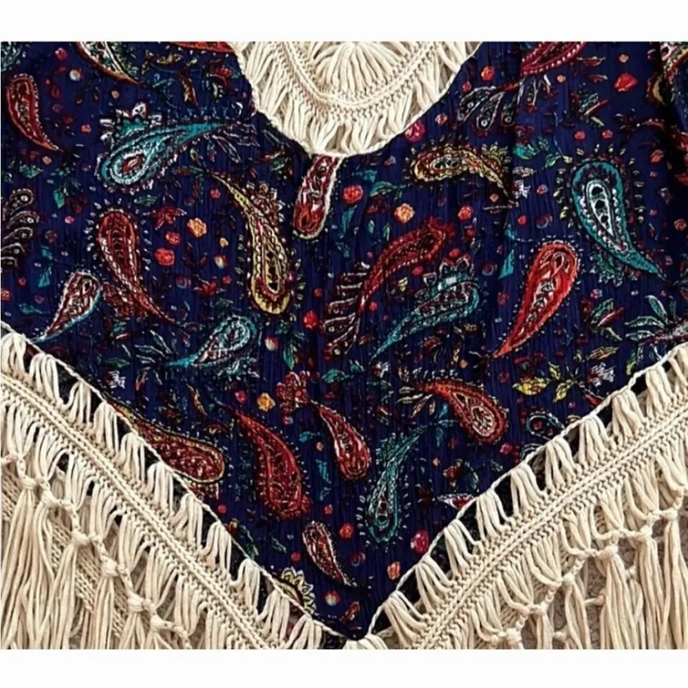 EC LOVE J BOHO PAISLEY PRINT CROCHET TRIM PULL-OVER BLOUSE SZ. M